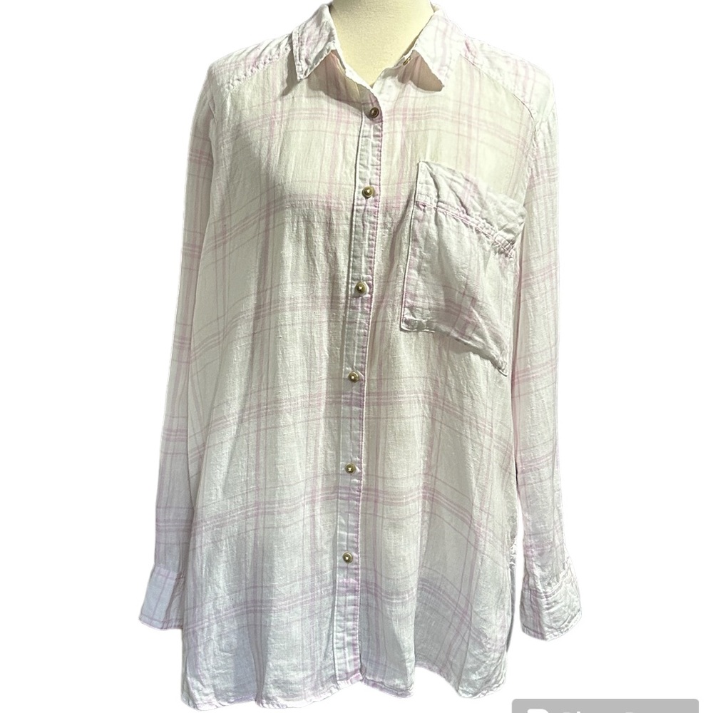 Free People Pink & White Linen Button Down Shirt
